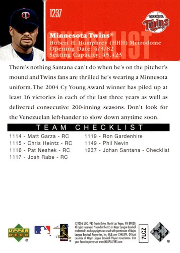 Johan Santana 2006 cubierta superior #1237 - Imagen 2 de 2