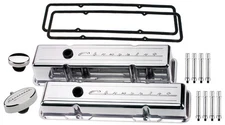 BILLET SPECIALTIES POLISHED SHORT VALVE COVERS,CHEVROLET SCRIPT,PCV BREATHER,HEX