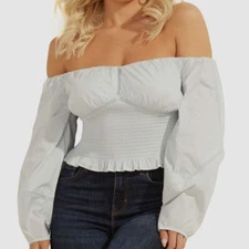$89 Guess Women's Blue Off-The-Shoulder Smocked Top Size XS