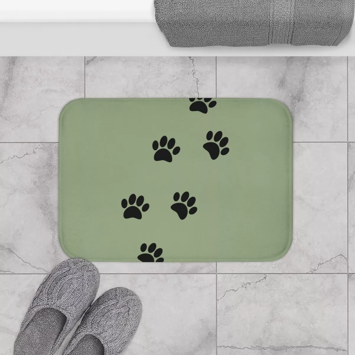 Black Dog Paw Prints On Sage Green Bath Mat