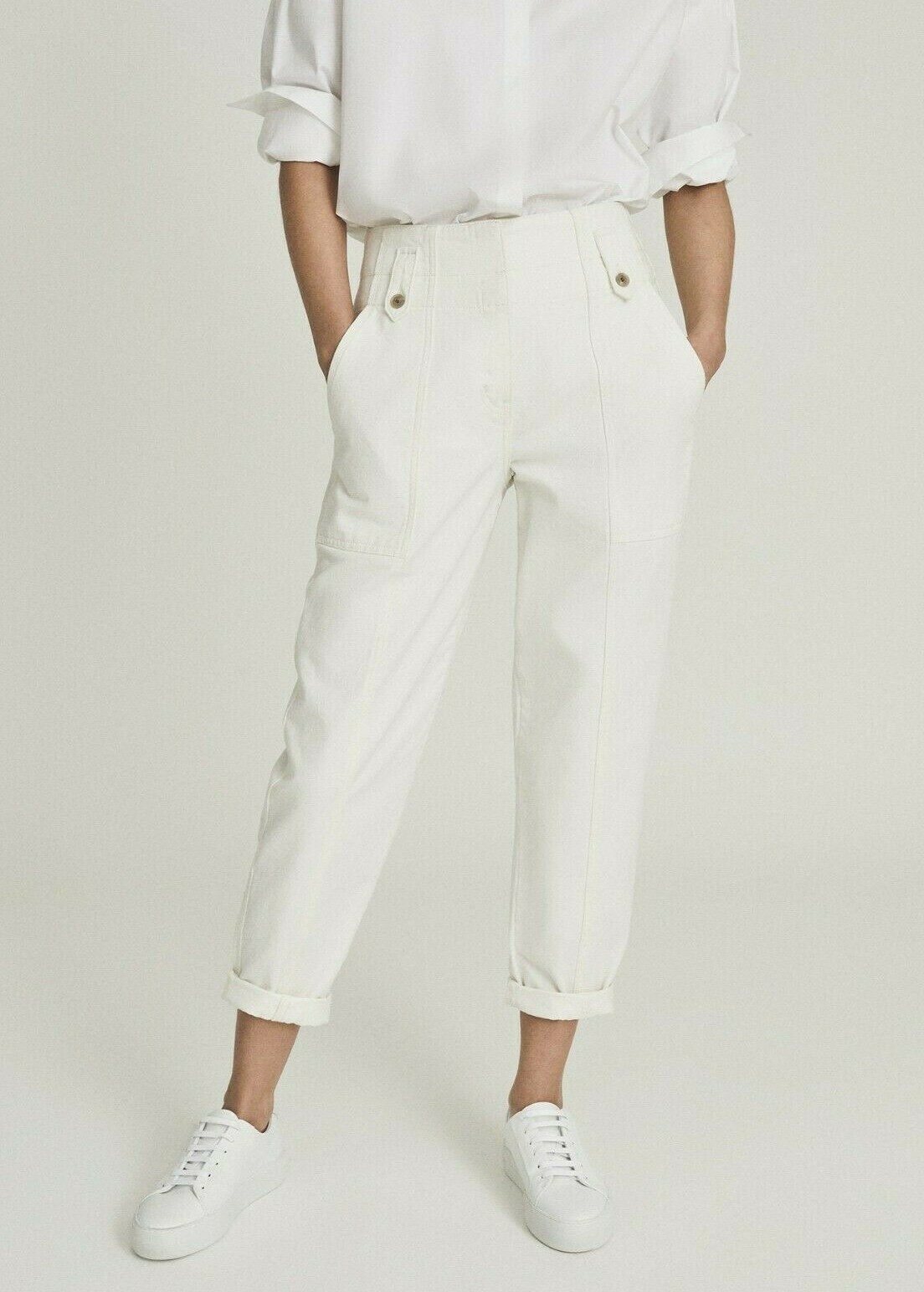 REISS ALANA Cotton Tapered Cargo Denim Women's Trousers in White | eBay