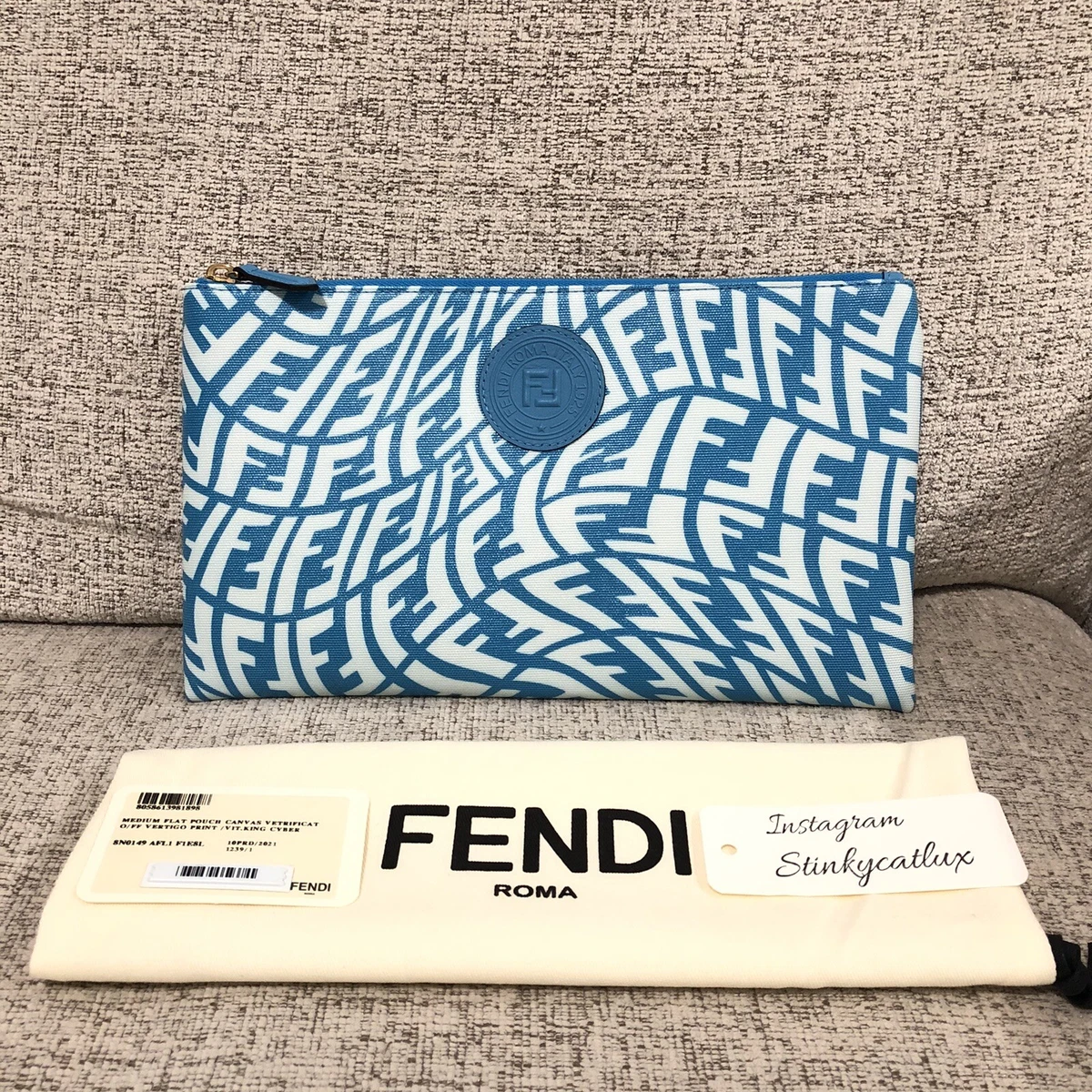 NEW FENDI FF VERTIGO LOGO PRINT CYBER BLUE CLUTCH FLAT POUCH