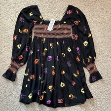 NWT Urban Outfitters UO Smocked Mini Frock Peasant Dress Black Floral Size XS
