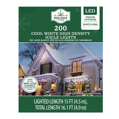 Holiday Time 200 Cool White High Density Icicle Lights Lighted Length 15 ft New