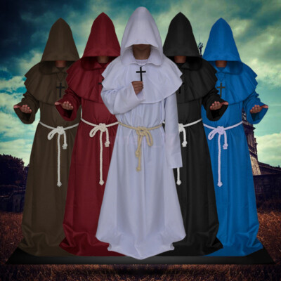 Mens Monk Costume Medieval Friar Hooded Robe Renaissance Cosplay ...