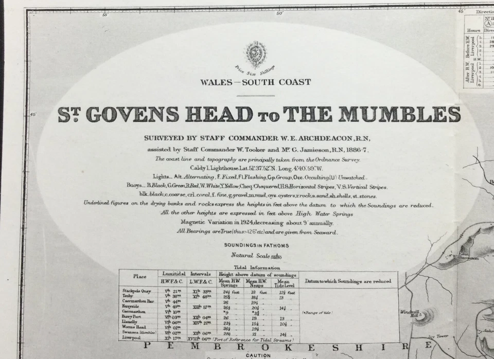 VINTAGE ADMIRALTY CHART. No.1076. St GOVENS HEAD to THE MUMBLES. 1888 Edition. - Image 2 of 4