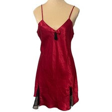 Victoria's Secret Red Satin Slip Chemise Sleepwear Dress Black Trim Slits Size M