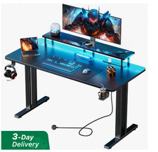 Gaming Desk with LED Lights & Power Outlet, Computer Desk with Monitor Stand