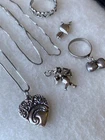 Vintage All Sterling Silver Lot Repousse Puffy Heart Charm Cupid Ring Necklace