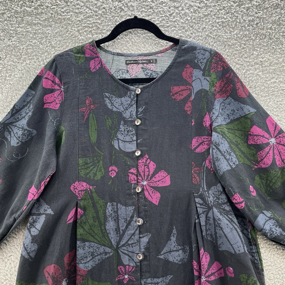 Gudrun Sjödén Dress Small Black Floral Linen Blend Relaxed Lagenlook Pockets - Image 2 of 4