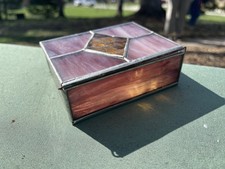 Vintage Stained Glass Trinket Box purple Amber Hinged lid, Handmade