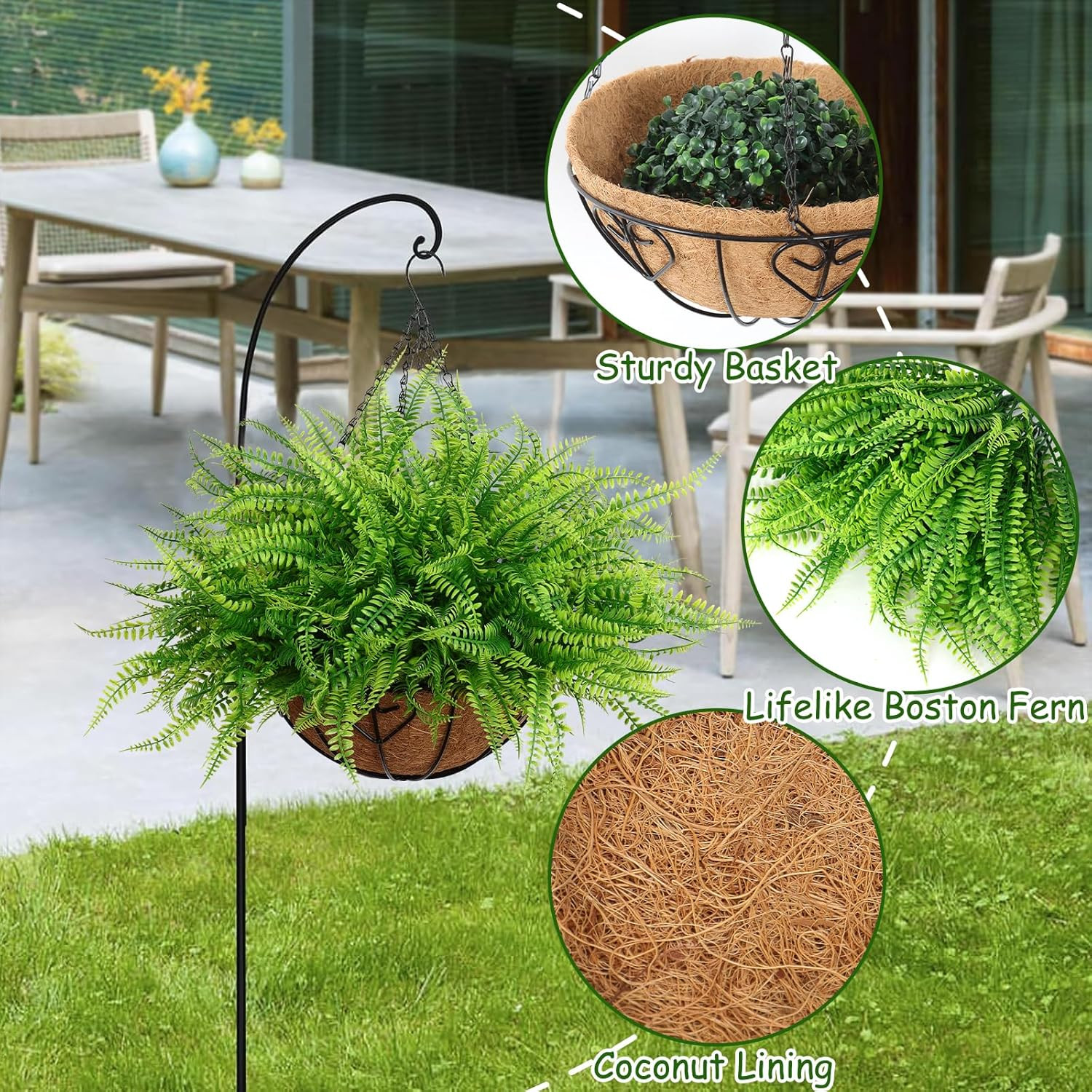 Artificial Hanging Plants with Basket 2PCS Fake Boston Fern Baskets, Outdoor Fau