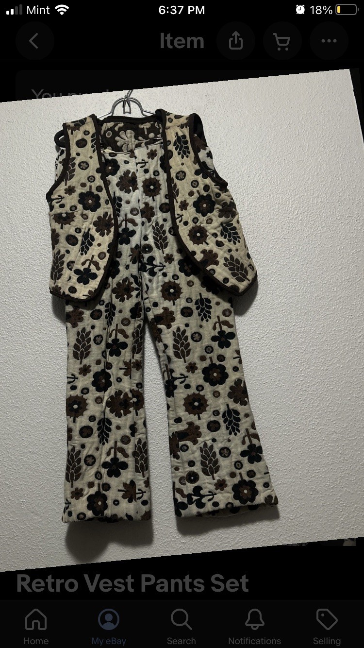 2pc Vest Pants suit Set Womens S Brown Tapestry bell bottom 70s Floral Vtg daisy