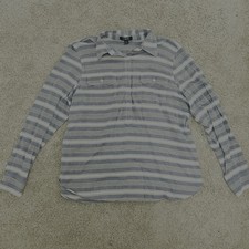 Chaps Blue Striped Collared Pockets Long Sleeve Button Cotton Pullover Blouse Lg