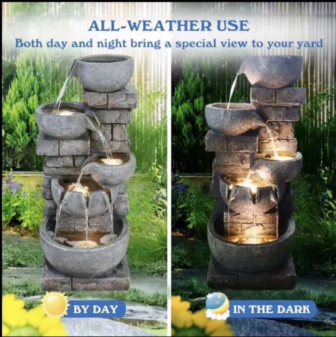 Outdoor Water Fountain with LED Lights, Resin Bowl Waterfall Fountain for Garden - Image 3 of 3