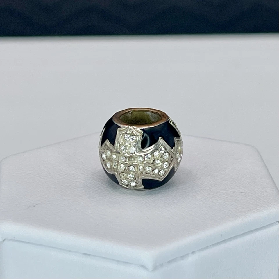 Brighton Dazzle Cross Spacer Bead Silver Tone Black Enamel with Crystals Charm - Image 2 of 4