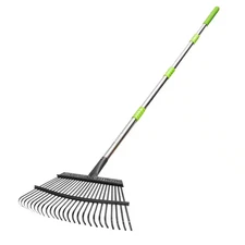 65 In. Long Stainless Steel Handle Metal Rake for Leaves Adjustable 18 In. Wide 