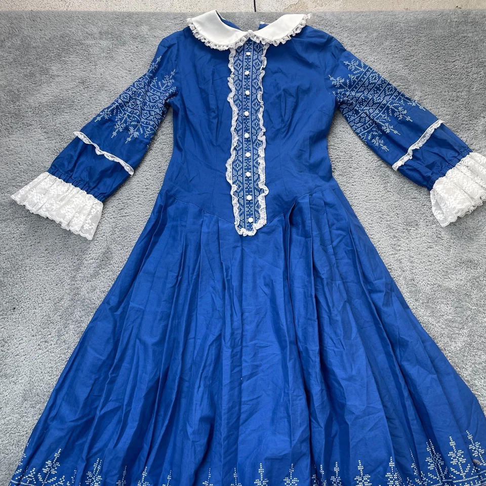 Vestido vintage pradera para mujer azul maxi folclórico encaje ribete victoriano casa de campo núcleo años 70 Foto 3 de 4