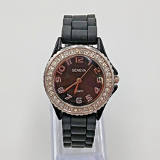 GENEVA Womens Watch Quartz Black Dial Crystal Bezel Silicone Strap Seconds WORKS