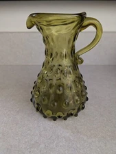 Vintage Vaseline Olive Green Pitcher Braided bumpy W Curved Handle 6" tall RARE