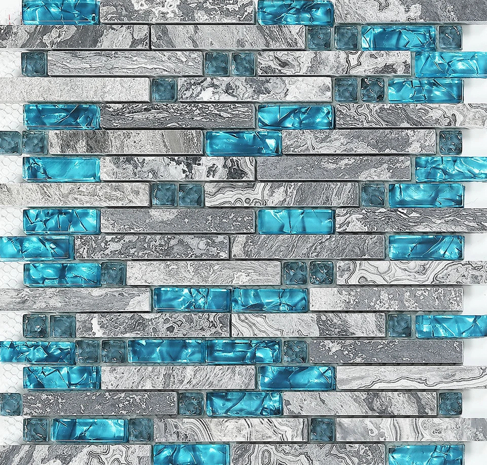 11 PCS Linear Mosaic Wall Tile, Polished Stone & Glass, Teal Blue Mixed Gray - Image 2 of 4