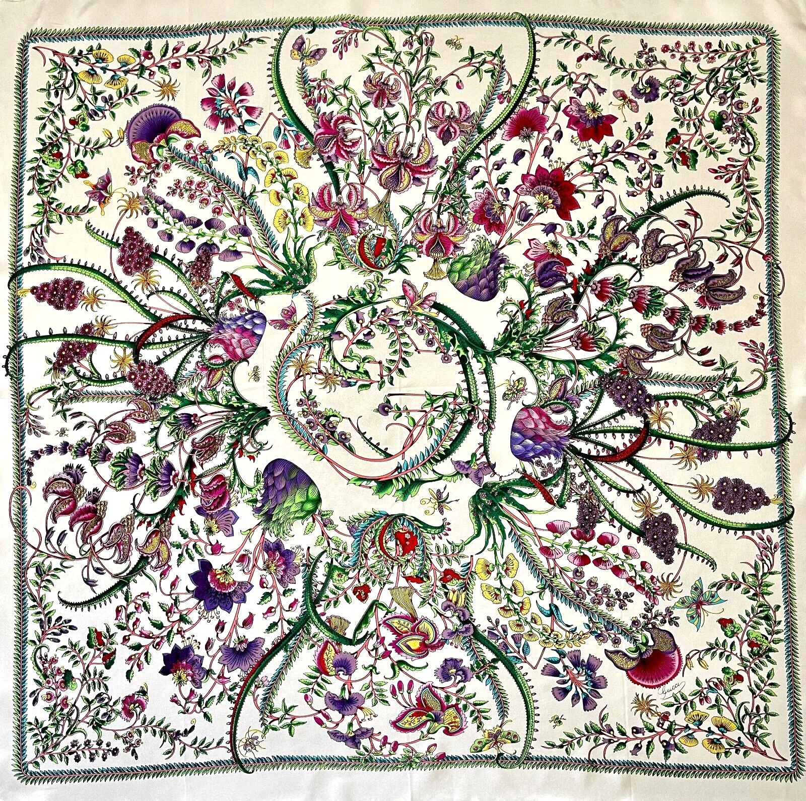Écharpe unisexe Gucci logo imprimé floral fleurs multicolores ivoire blanc soie wrap