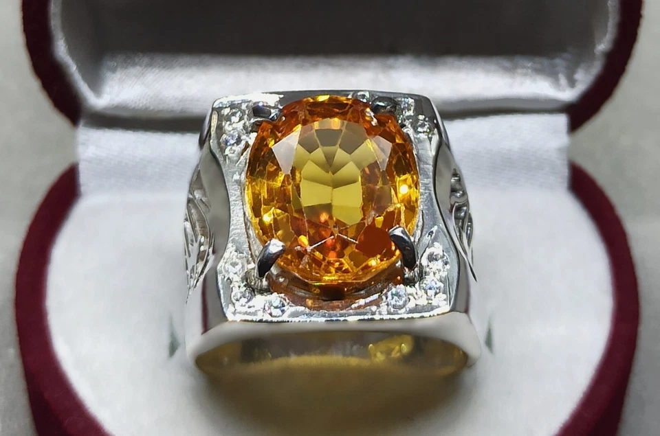 15 Carat Oval Cut Yellow Citrine Sterling Silver 925 Handmade Citrine Mens Ring - Image 3 of 4