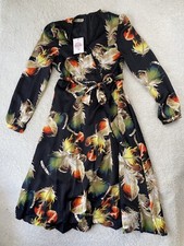 Tesscara Dress Women L Black Floral Long sleeve Faux Wrap NEW