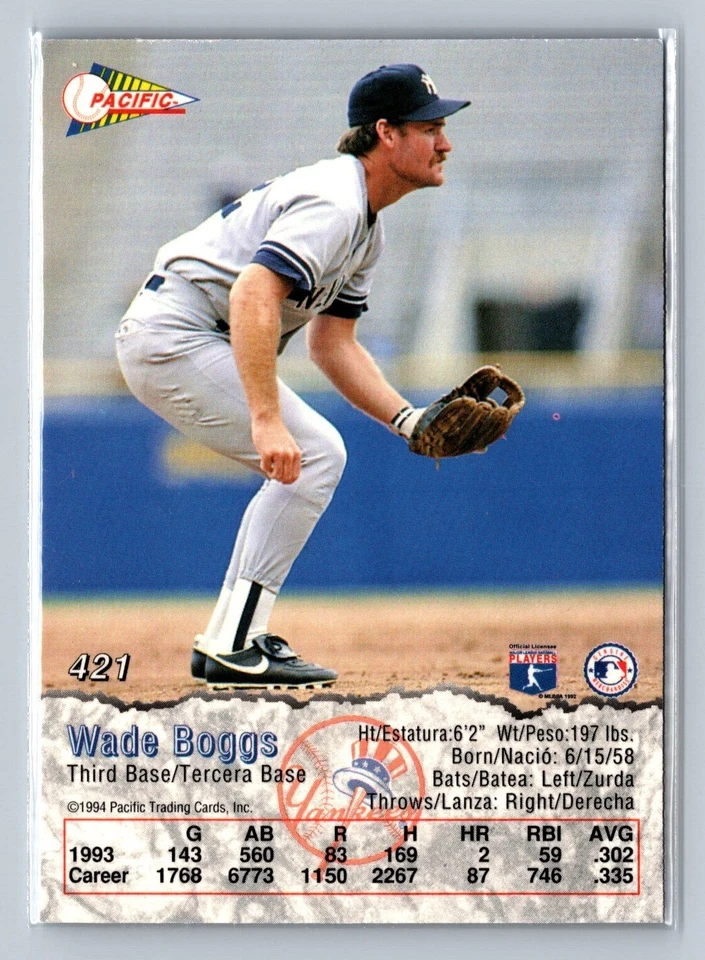 1994 Pacific Crown Collection #421 Wade Boggs New York Yankees - Image 2 of 2