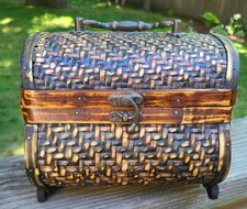 Vintage Woven Purse Basket Box - metal handle, closure, hinges - wooden sides