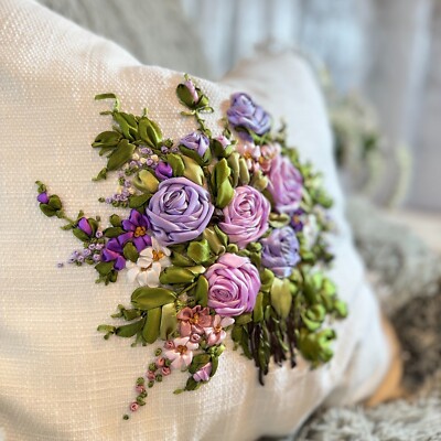 Floral Style Handmade Pillow Ribbon Embroidery For Couch Bed Room Sofa Mom Gift