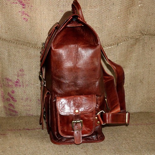 Goat Leather Bag Backpack Vintage Rucksack Laptop Travel Genuine Men's Real 16'' - Picture 4 of 6