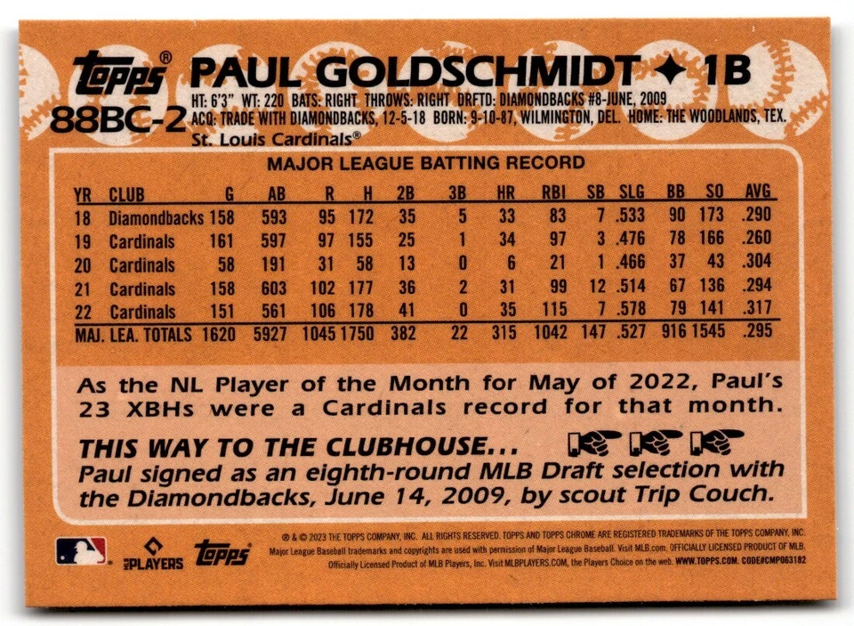 2023 Topps Chrome '88 Paul Goldschmidt #88BC-2 St. Louis Cardinals - Image 2 of 2