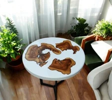 White Round Epoxy Resin Coffee Table Handmade Kitchen Slab Wooden Furniture Deco