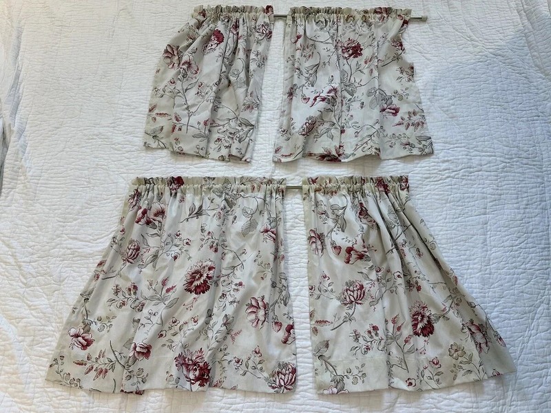 Set of 2 Curtains Valance w/ 2 Brass Rods Rose Floral Flowers Cottage Privacy