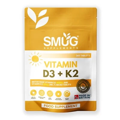 Vitamin D3 4000iu & K2 100ug MK-7 British Made by SMUG Supplements - 365 Tablets