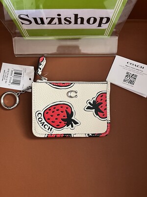 Coach Mini Skinny ID pebble leather Case Strawberry Print split