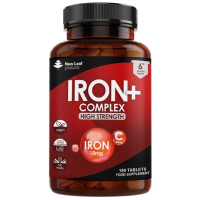 NEW LEAF Iron Tablets Complex 180 High Strength Active Iron Supplements + Vitamins C, B12