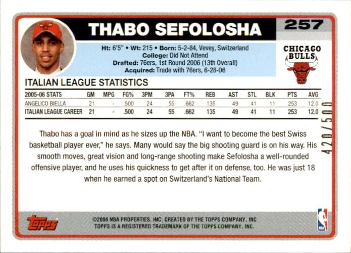 Thabo Sefolosha 2006-07 Topps Gold Rookie #257 /500 Chicago Bulls Parallel RC - Image 2 of 2