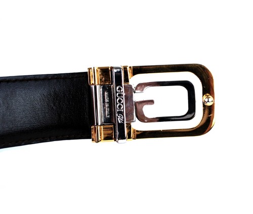 GUCCI Plus G Brass Buckle Gold Silver Waist Belt Black Leather Accessories Italy - Picture 5 of 11