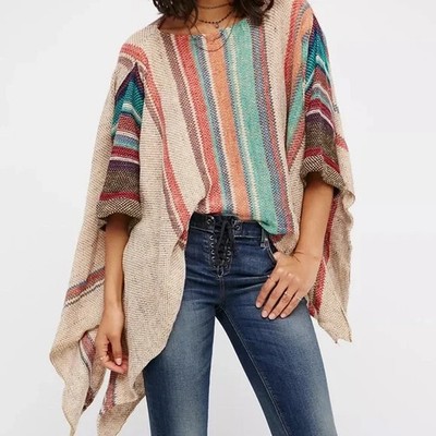 Free People Fressia Striped Asymmetric Pullover Poncho with Sleeves Oversized S