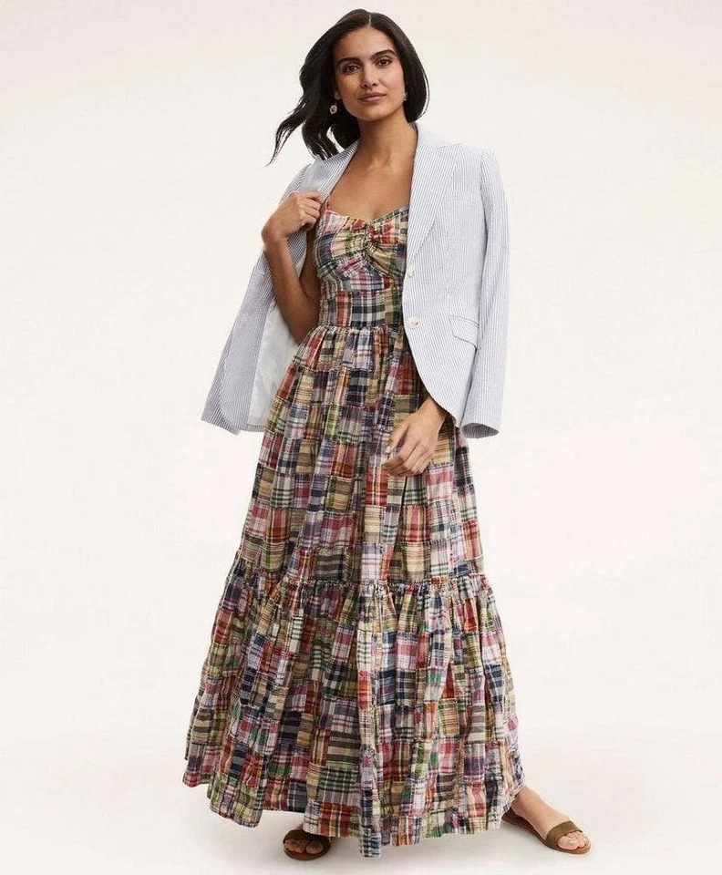 Женское лоскутное хлопковое макси-платье Brooks Brothers Madras размер 8 без рукавов - Изображение 4 из 4