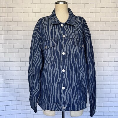 Emory Park Blue Zebra Pattern Collared Denim Jacket Women's Size Large NWT