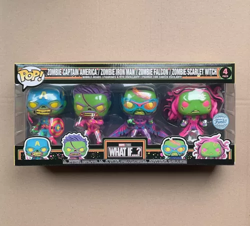 Funko Pop de Marvel ¿Qué pasaría si? Paquete de 4 Marvel Zombies Black Light + Protector Gratis