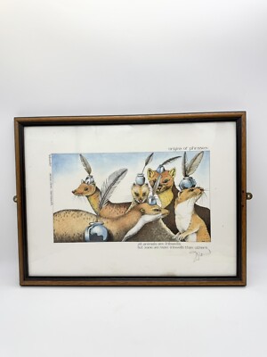 Vintage Simon Drew gerahmter Druck, alle Tiere sind Tintendruck