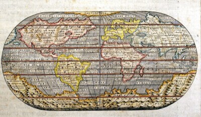 c.1586 ORIGINAL ANTIQUE WORLD MAP, OVAL PROJECTION - TOMMASO PORCACCHI, VENICE