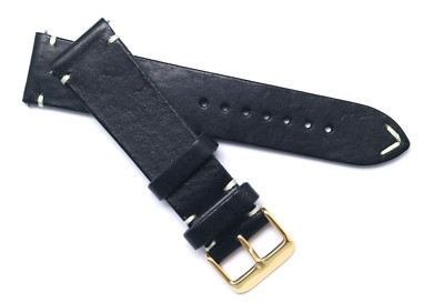 22mm 24mm Black/White Genuine Leather Watch Strap Handmade Gold Tone Buckle