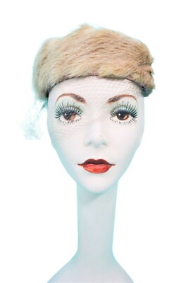 Vintage 1950s Pillbox Lady Bess Fur Mauve Tan Netted Round  display picture 3