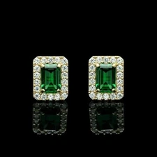 3Ct Emerald Cut Lab-Created Emerald Halo Stud Earrings 14K Yellow Gold Plated