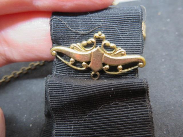 Victorian Era Mourning Ribbon with GoldTone Ornaments & Fob Chain with